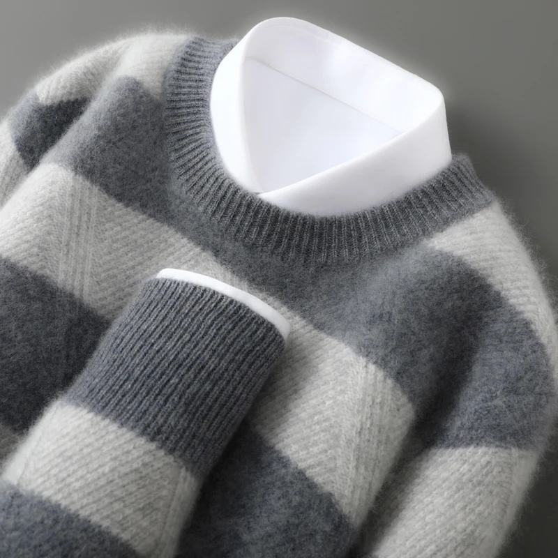 休闲时尚~秋冬男100%羊毛七针加厚宽条纹拼色圆领休闲针织羊毛衫D