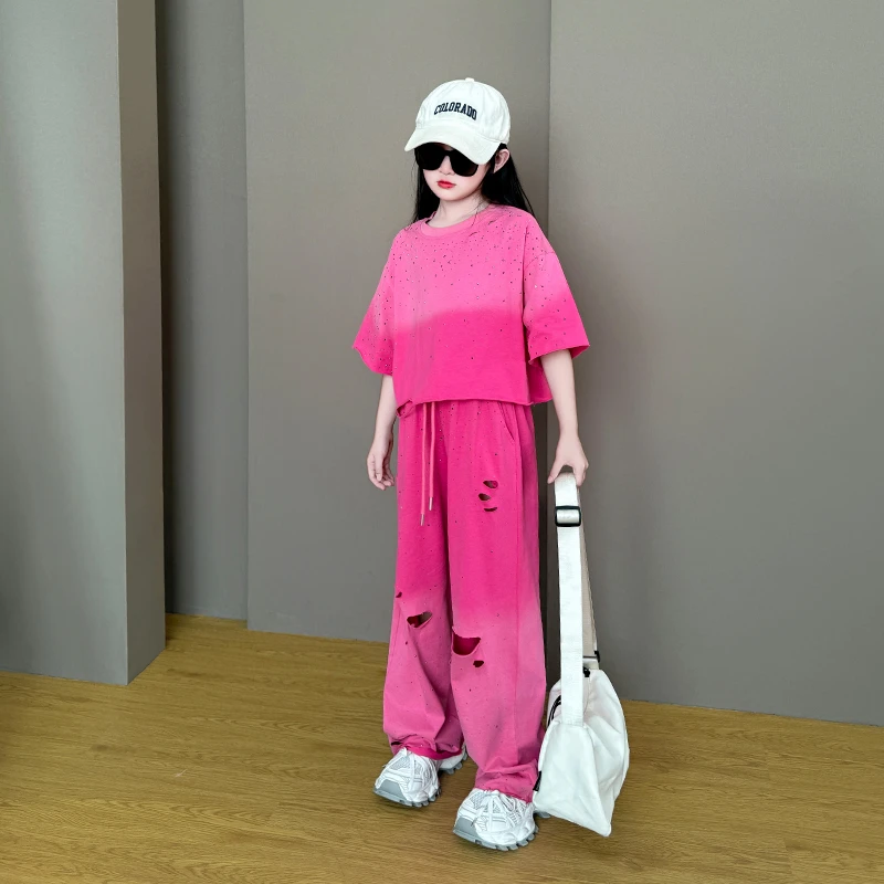 女童套装夏季2025新款洋气夏日多巴胺儿童玫红烫钻T恤休闲裤套装