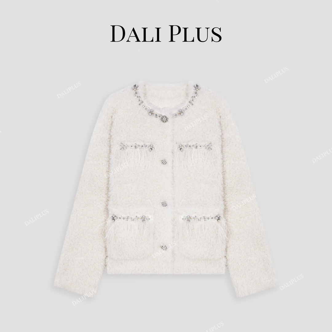 DALI PLUS重磅羊毛 重工精致 鸵鸟毛白色颗粒毛外套-D4MM0657