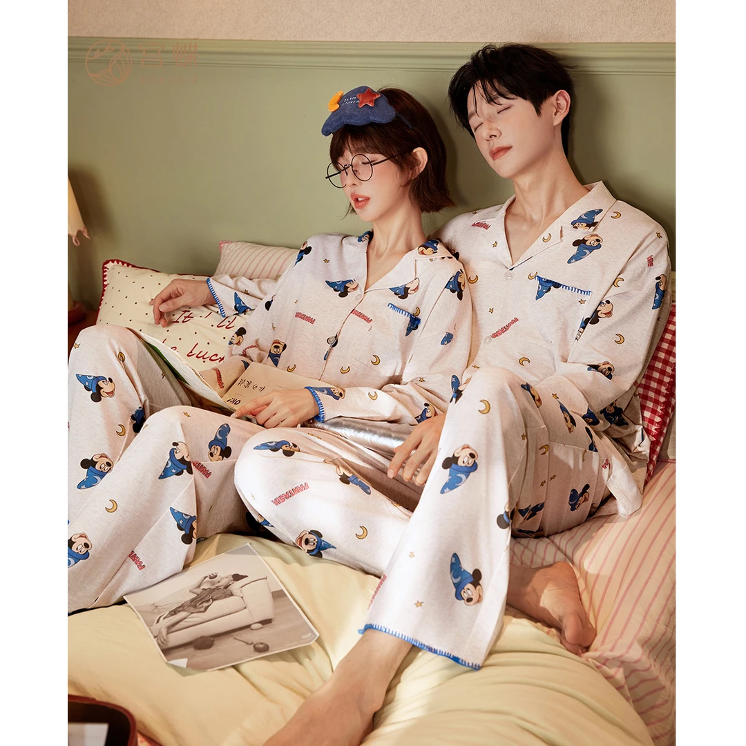 宫蝶【礼盒装】迪士尼米奇情侣睡衣女春秋季长袖莫代尔棉家居服男