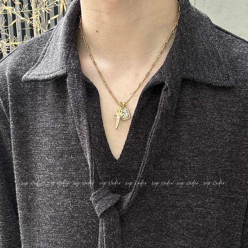 钛钢项链 中古日系宝剑镶钻项链男女高级感小众百搭复古毛衣链男