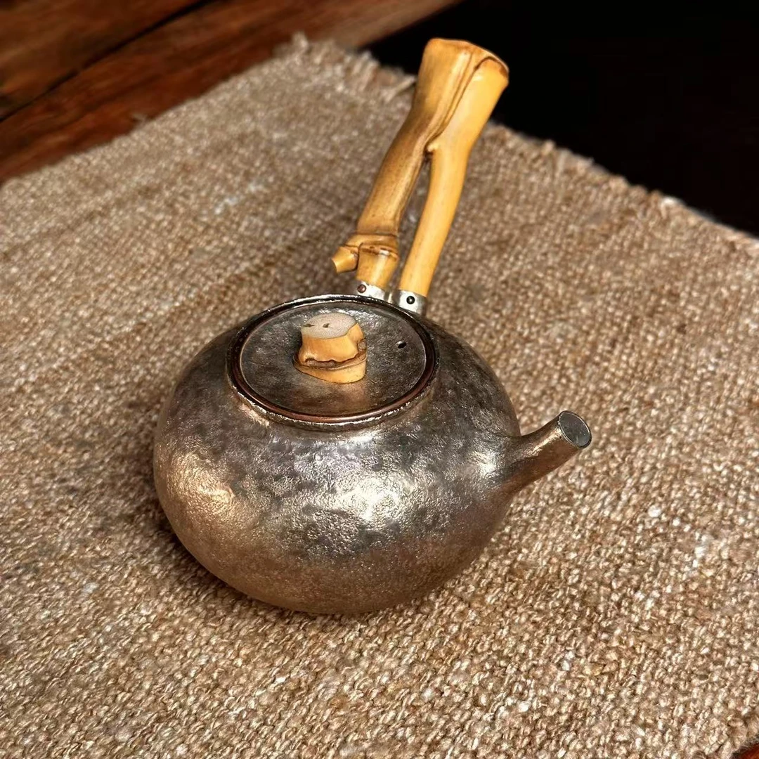 全手双生竹节银侧把煮水泡壶