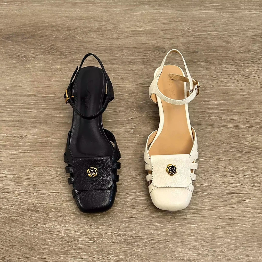 Dannyfrey复古方头粗跟镂空包头凉鞋女夏季新款羊皮软底罗马凉鞋