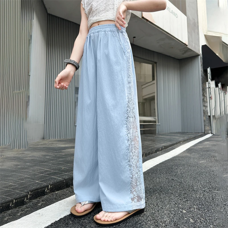 女童夏季阔腿裤2025新款洋气时尚拼接蕾丝休闲裤6-12岁中大童裤子