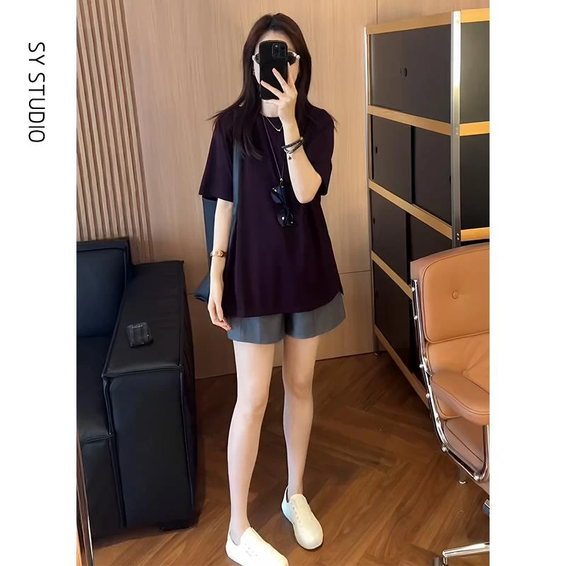 VOCKOO官方2025超火一套夏装极简百搭圆领宽松百搭T恤高腰显瘦休