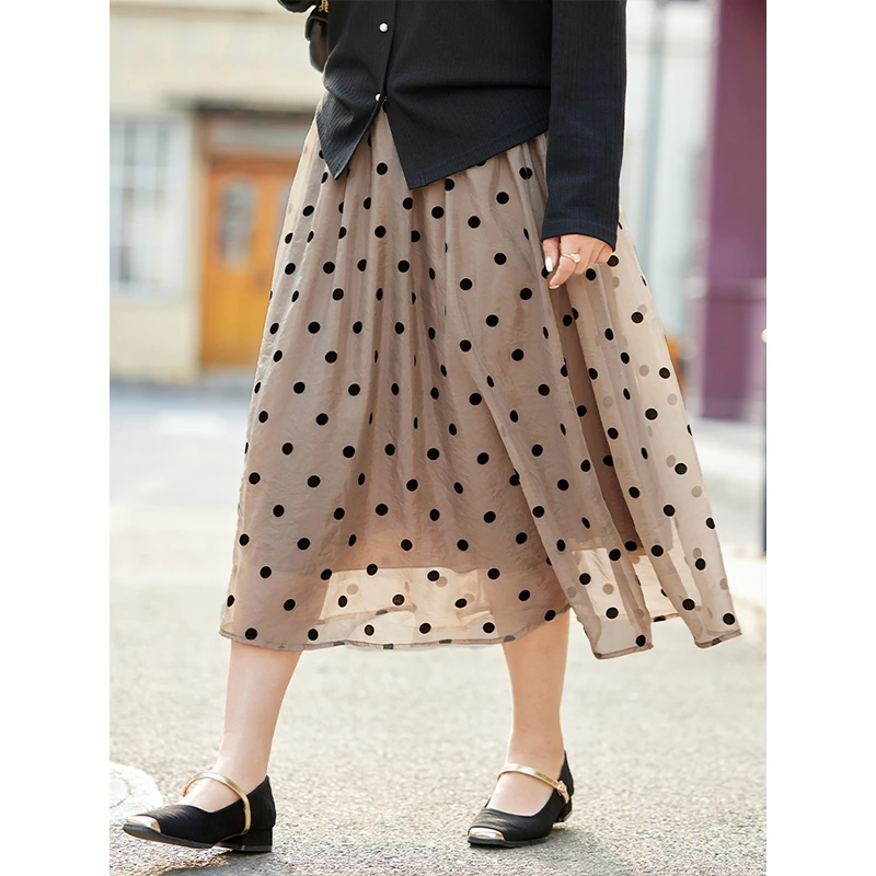 【窈窕波点半裙】MsShe大码女装遮肉大裙摆植绒A字半身裙S~MH503117