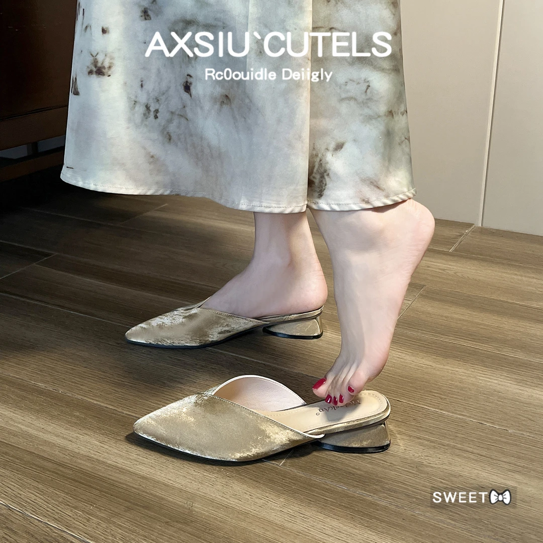 羊皮高端气质新中式国风单鞋2025新款百搭尖头网红半拖鞋外穿凉拖