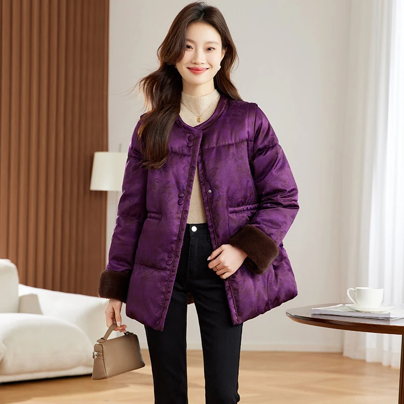 DUCURNO新中式紫色羽绒服女冬季2026年新款时尚轻薄保暖短款外套