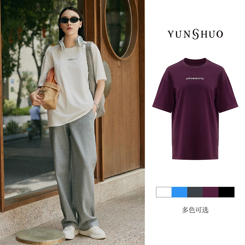 允硕夏季新品时尚百搭字母印花过臀女装休闲上衣T恤短袖325341