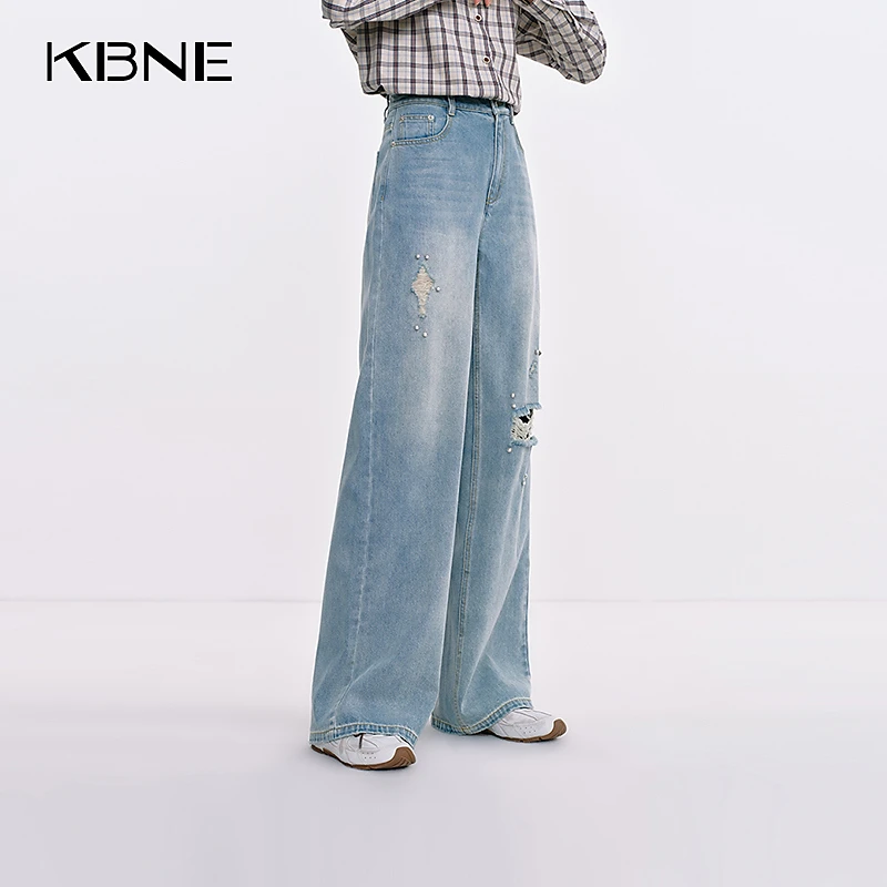 KBNE牛仔裤女款爆款2025新款复古钉珠破洞水洗浅色牛仔裤直筒裤女
