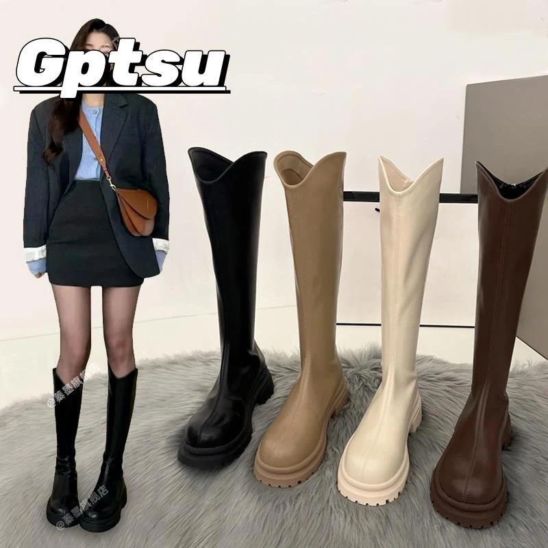 GPTSu长筒靴女新款长靴春秋季骑士靴高筒厚底不过膝小个子女靴子