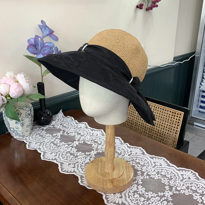 新款拉菲草帽顶布帽檐可折叠收纳夏季防晒遮阳帽设计师款大檐潮
