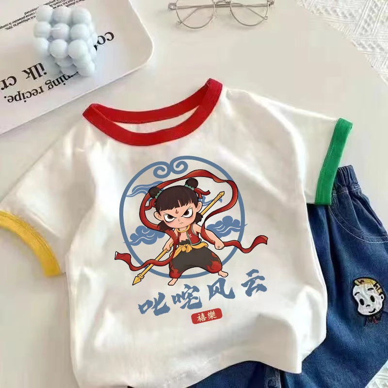 男女中小儿童春秋季新款纯棉哪吒衣服同款周边短袖t恤打底上衣潮