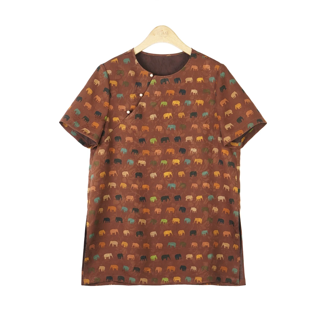 【莲遇曦】吉象.红云纱复古女装夏季宽松红透气短袖上衣SLS25SS105