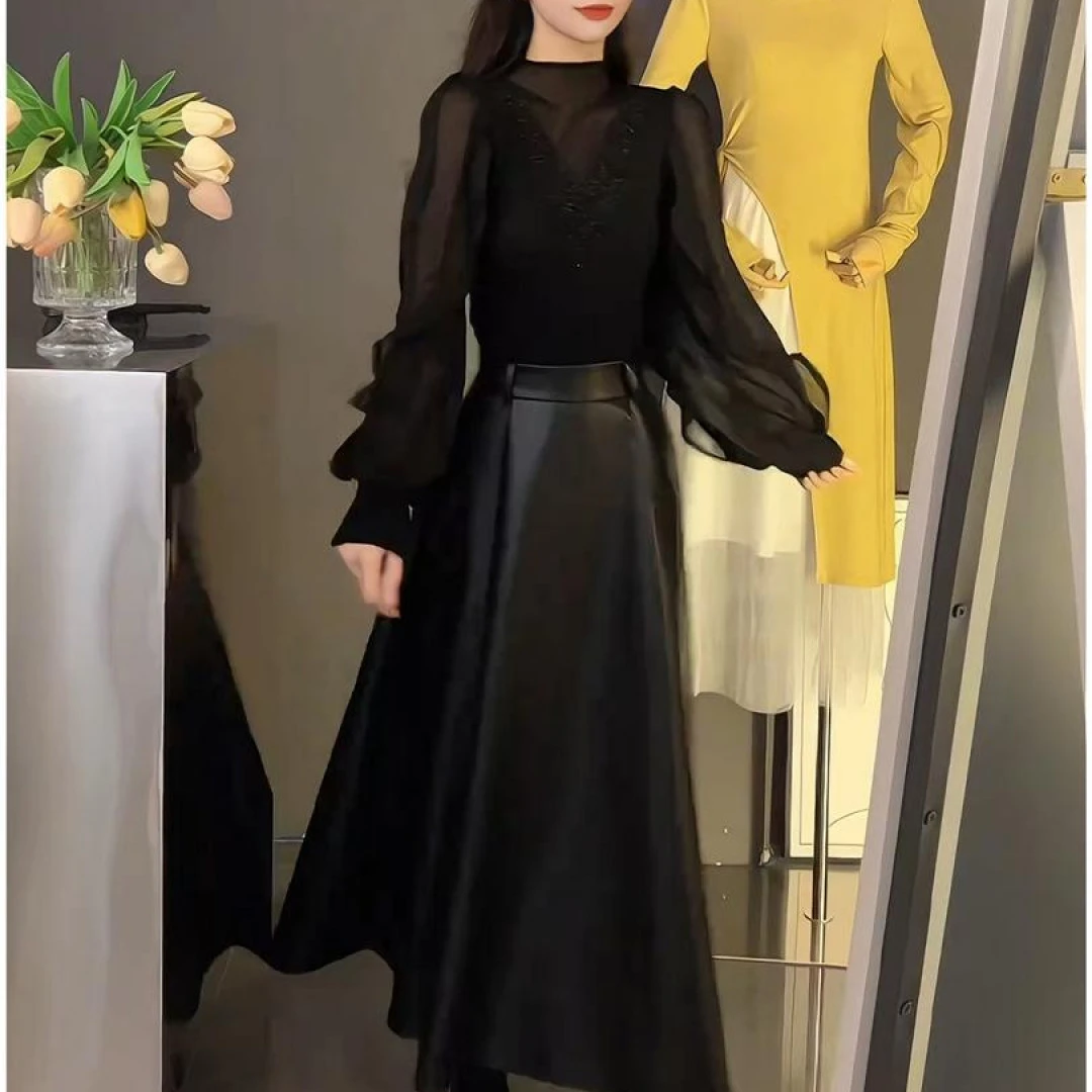 2025秋冬新款韩系轻熟黑色上衣皮半身长裙子流行懒惰风两件套装女