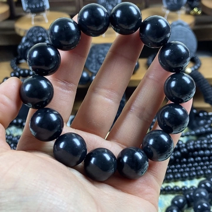 和田玉（墨玉）未镶嵌手串卡16圆珠