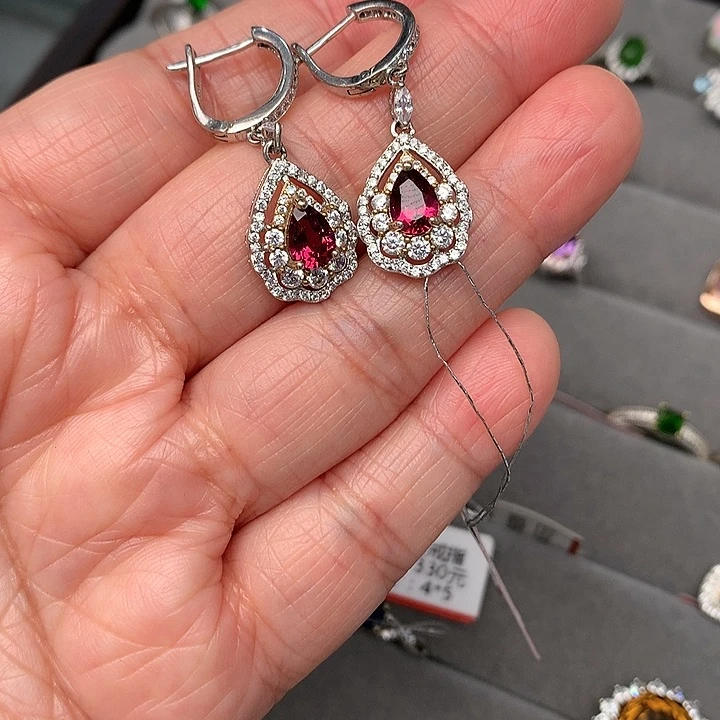 石榴石（芬达石）耳饰银S925镶嵌天然