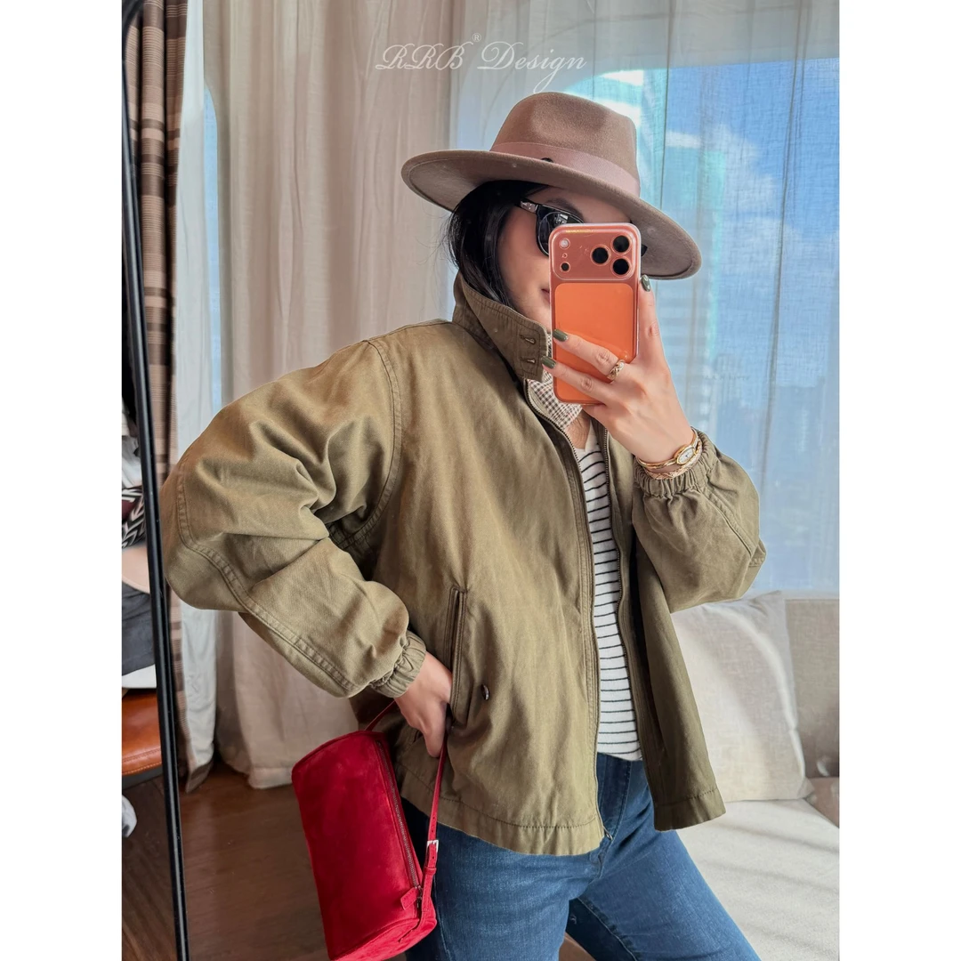 RRB Design 都市旷野 棉麻混纺立领绿色休闲拉链秋冬工装外套