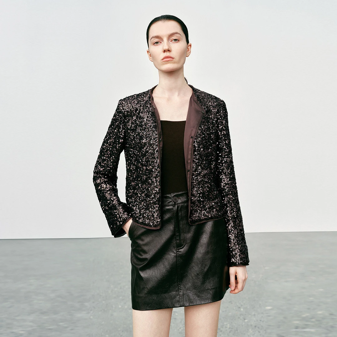 【商场同款新品】设计师小香风修身亮片气质圆领常规短外套 L111311