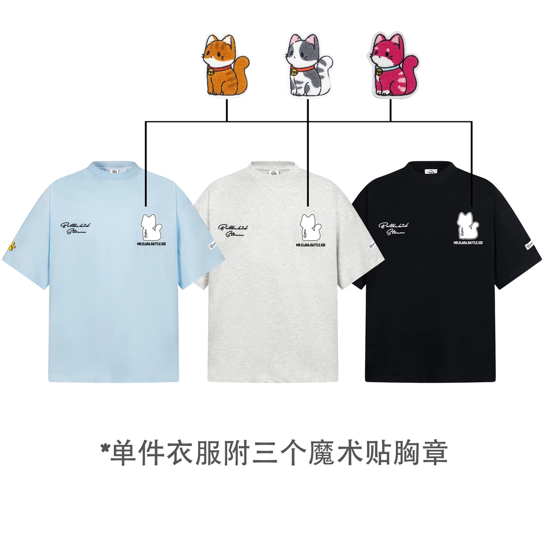 Thanks趣味正肩胖mm魔术贴猫猫polo短袖T恤宽松情侣休闲上衣夏季