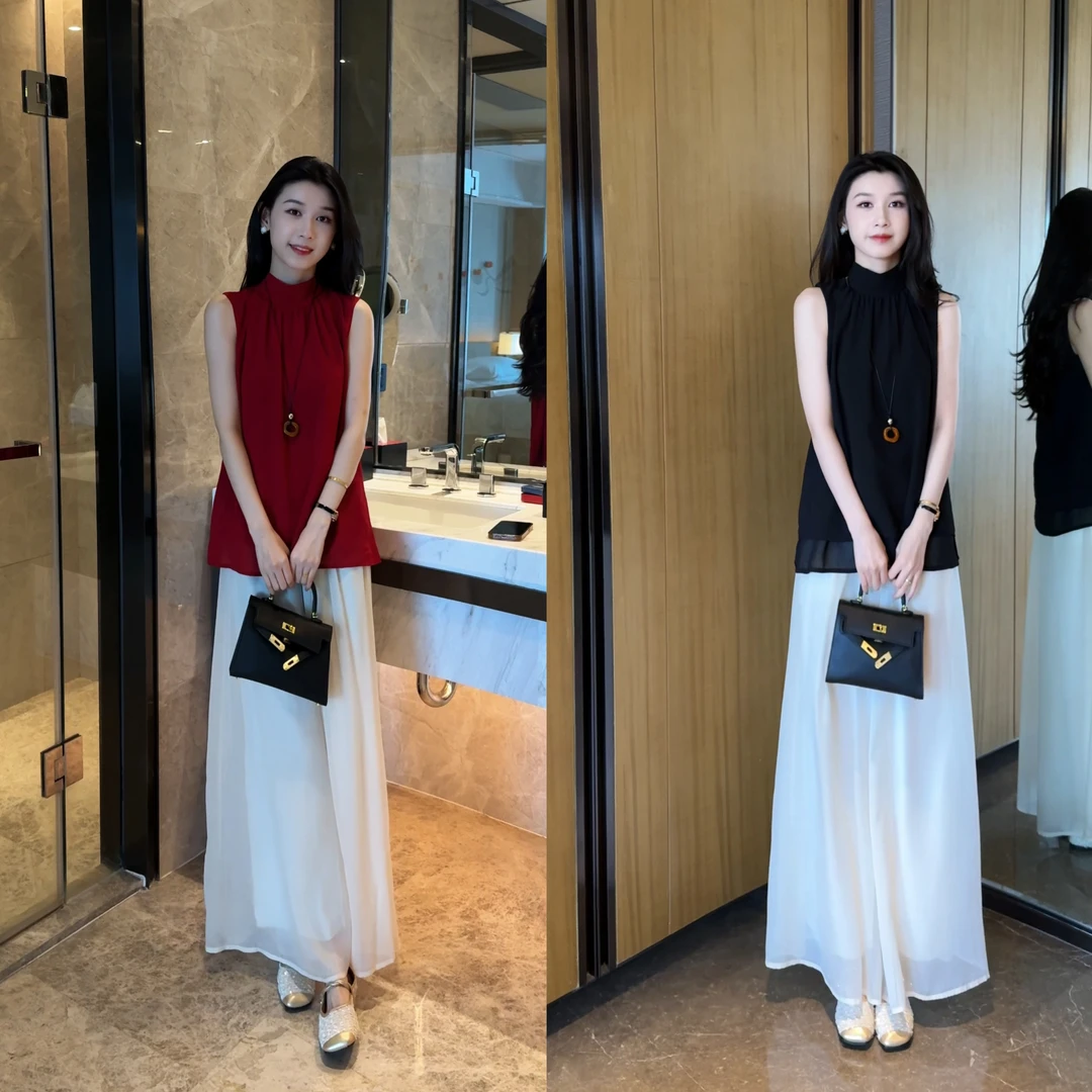 简约时尚衬衫上衣套装女阔腿裙裤两件套