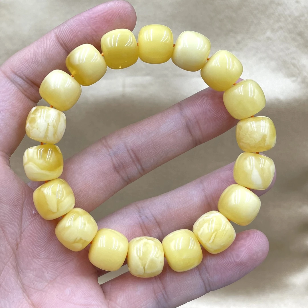 天然俄料琥珀蜜蜡-老型同料手串尺寸13×12黄金比例蜡质饱满黄白花