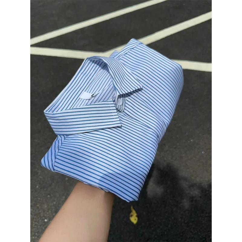 日系复古蓝白条纹长袖衬衫男女款少年感穿搭衬衣宽松百搭休闲外套