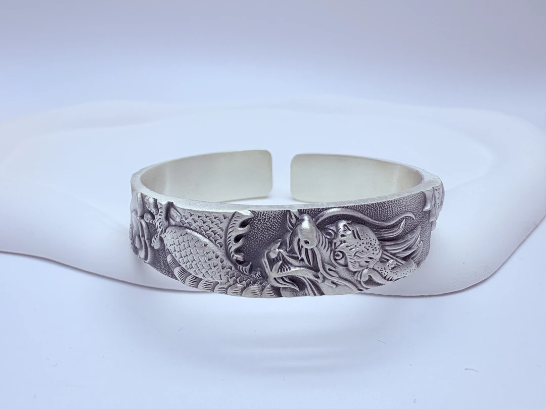 足银手镯 时尚复古足银精工做旧祥龙个性开口手镯磨砂镯子实心