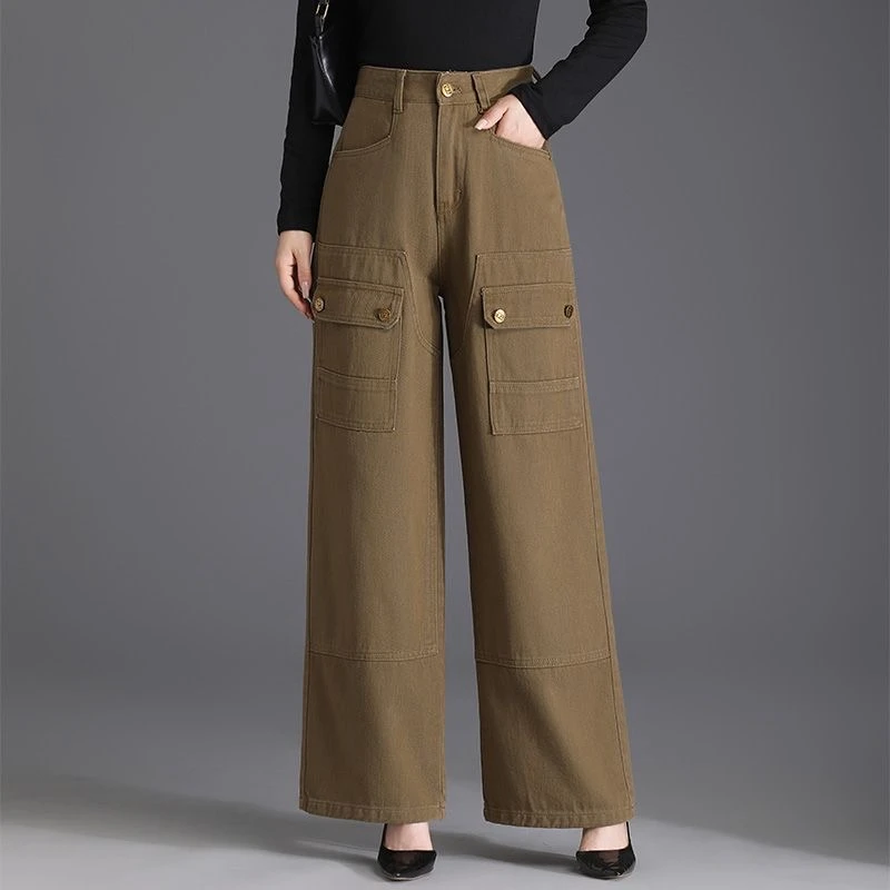 设计感多口袋款阔裤牛仔裤女高腰大码直筒宽松百搭长裤显瘦休闲裤