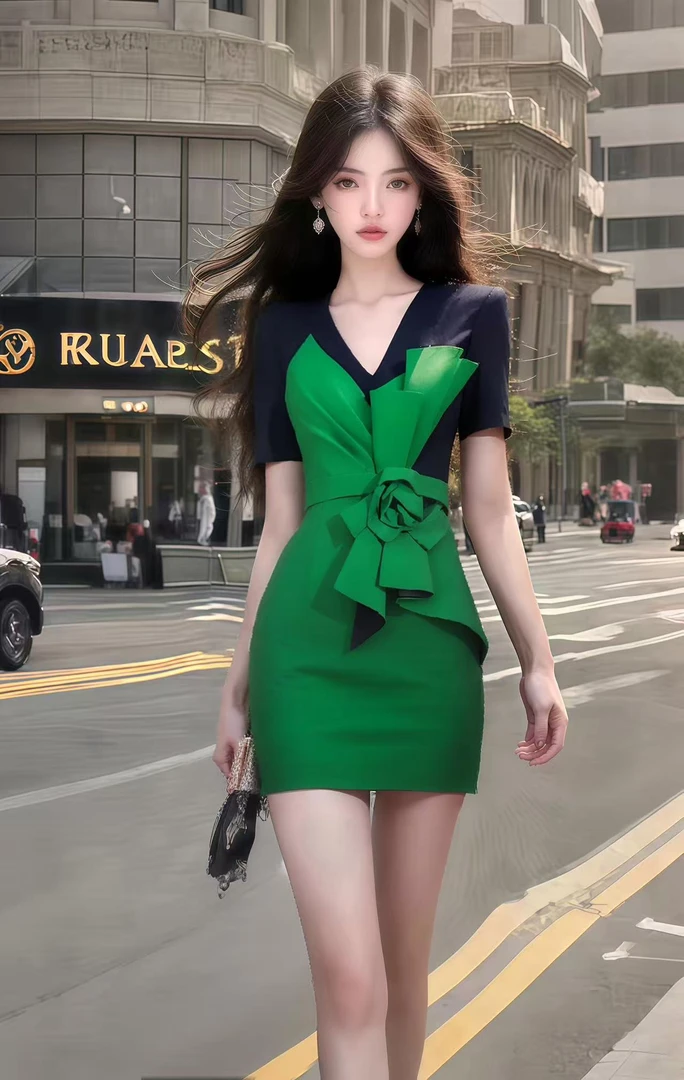 2025夏季新款轻奢优雅时尚知性风绿色V领短袖修身收腰包臀连衣裙