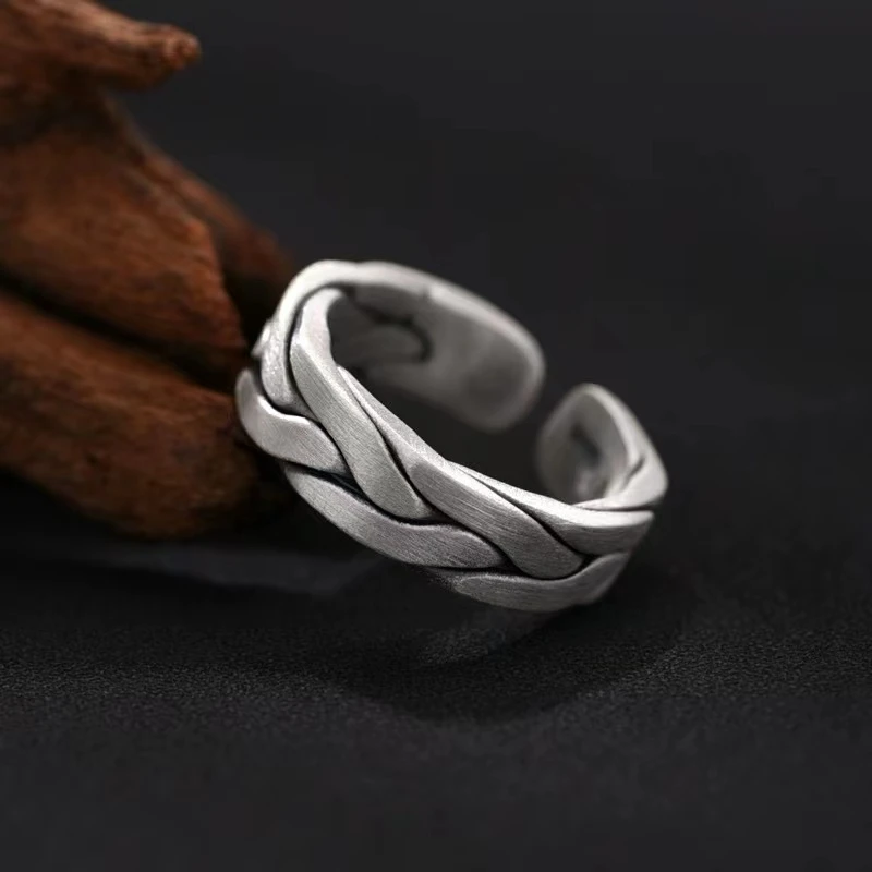 足银戒指 【艾比银】足银999复古编织戒指男士开口戒指