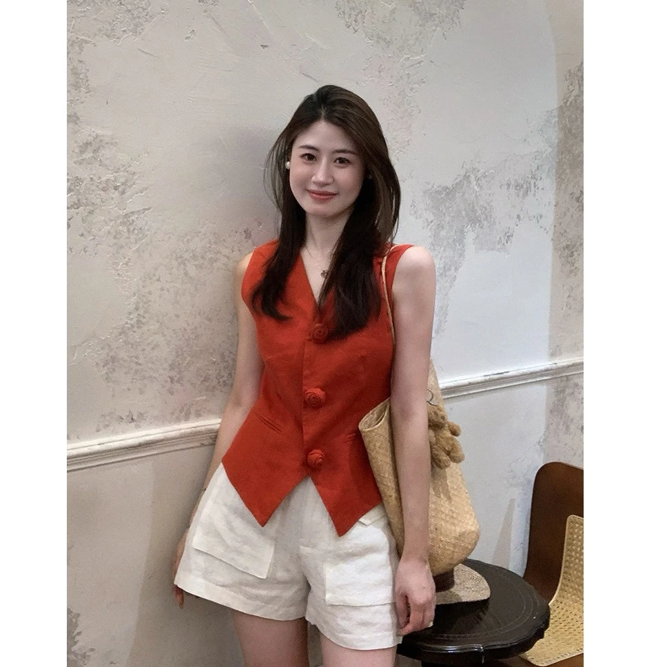 2025超火夏装一整套小个子高级感炸街减龄洋气红色亚麻衬衫套装裤