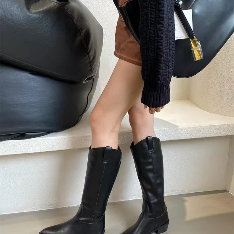 W5996西部牛仔靴女靴子网红爆款粗跟骑士靴尖头不过膝高筒长靴