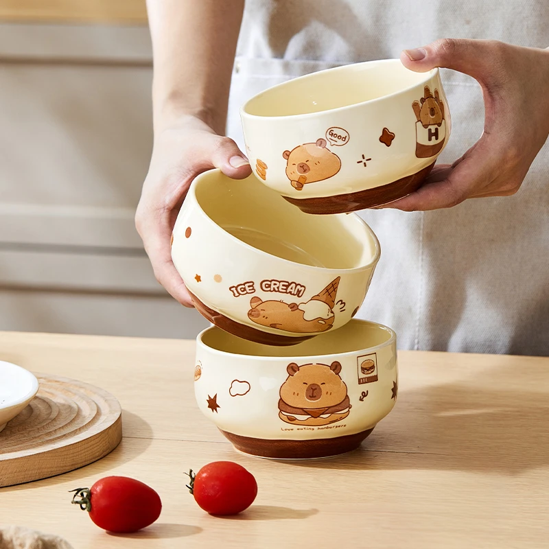 【4碗装】家用陶瓷餐具釉下彩卡皮巴拉可爱高颜值米饭碗加厚套装