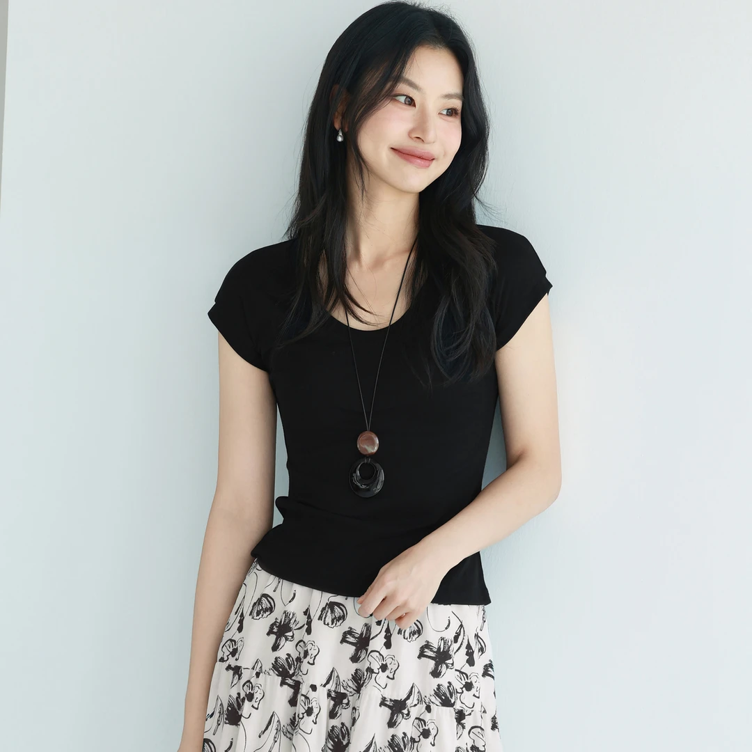 伊芙丽天丝羊毛弹力百搭T恤女装25夏季新款白色短袖上衣1G4901581