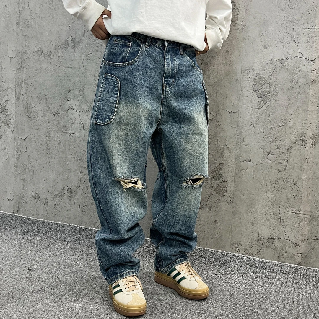 尹小鸡 美式复古做旧重磅水洗宽松休闲破洞弯刀牛仔裤男女 8003