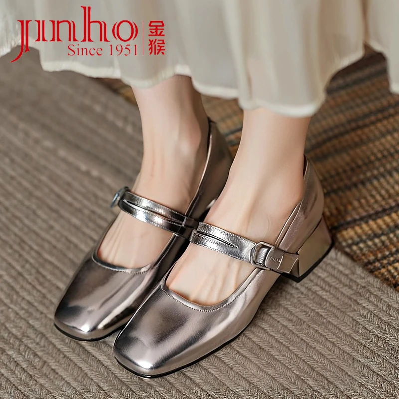 Jinho/金猴大码女鞋法式银色女单鞋粗高跟鞋玛丽珍女鞋Q59182A