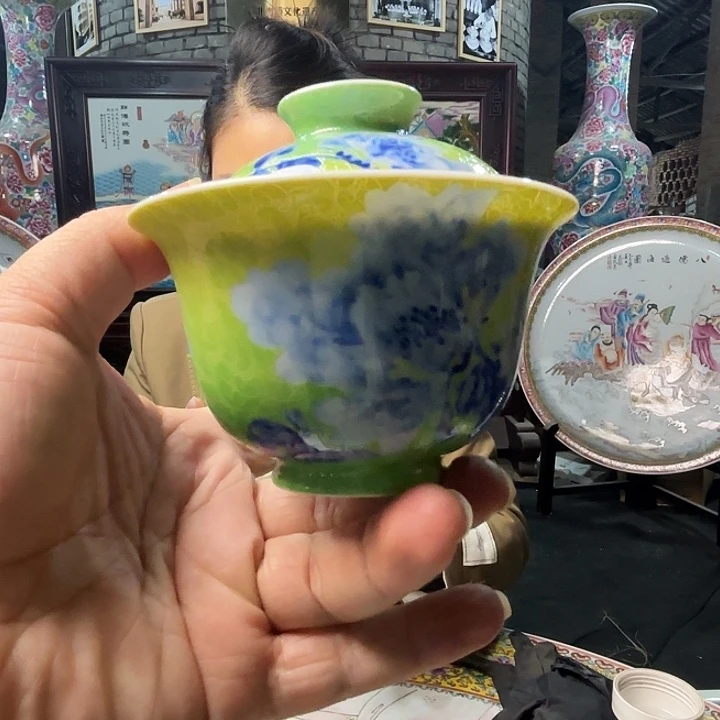 摆件景德镇高温陶瓷扒花两才盖碗看画片