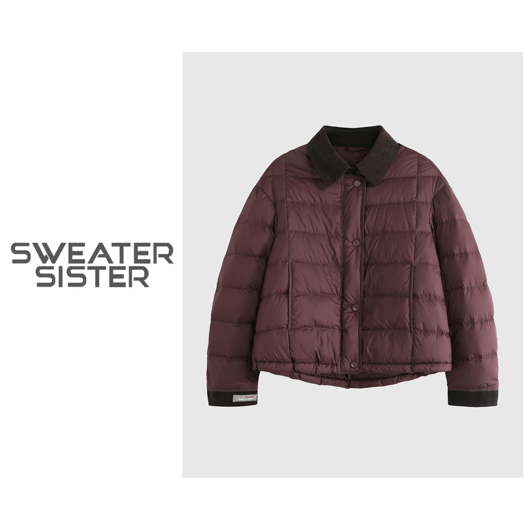 巴恩风秋冬翻领休闲轻薄极简风短款纯色羽绒服女425-023