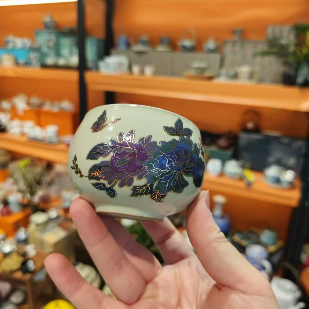 德化云仓 复古陶瓷米黄变色牡丹铜钱杯底主人杯茶杯品茗杯-5084