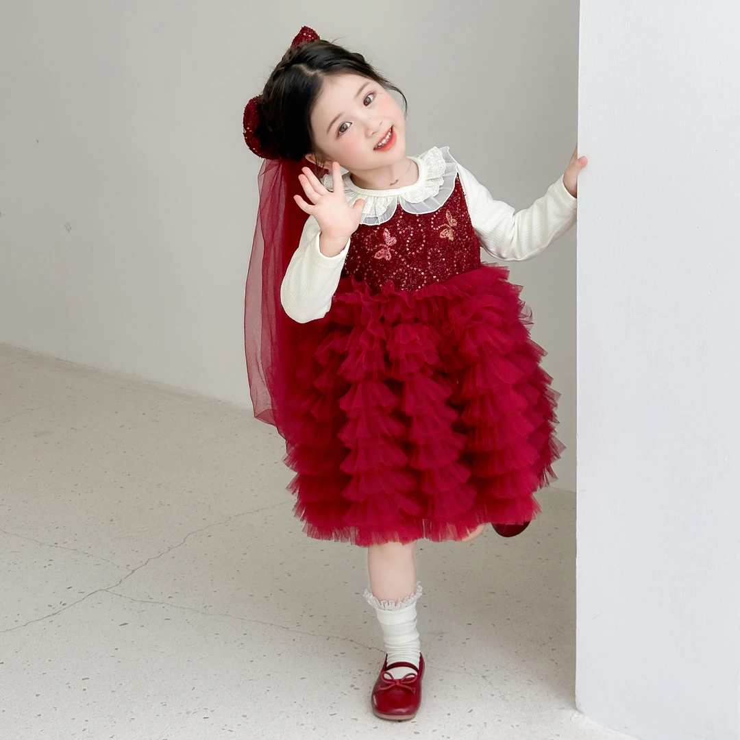 女童秋装连衣裙2025新款小童秋季莲蓬裙子礼服宝宝套装儿童公主裙