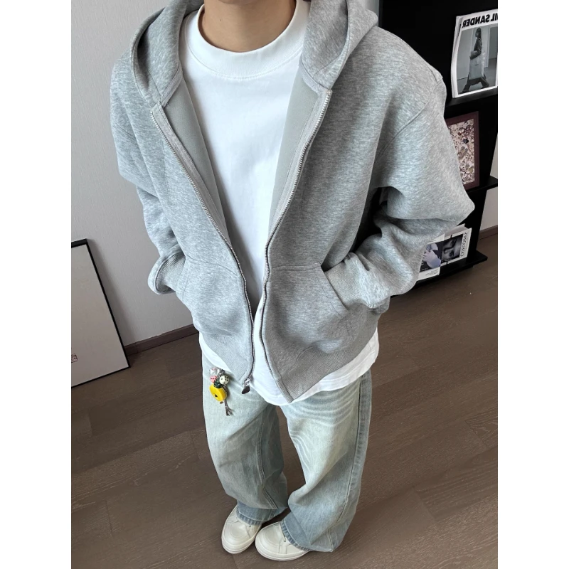 浅灰色重磅开衫卫衣男款秋季韩系慵懒风连帽上衣cleanfit休闲外套
