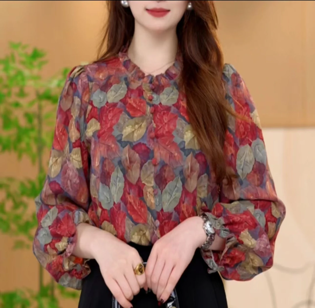 2025年印花女士木耳边枫叶s2衬衫显瘦百搭质感设计感休闲869