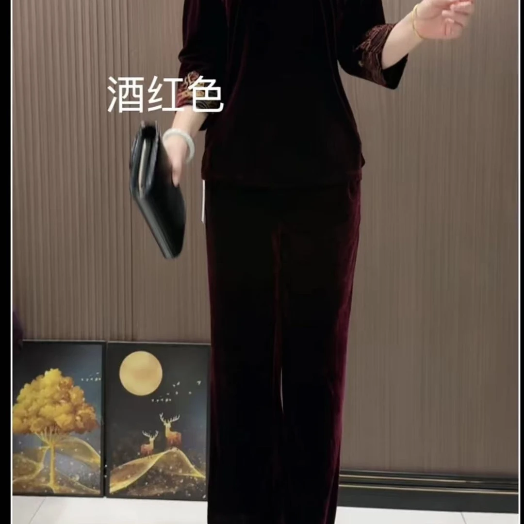中老年丝绒宽松遮肉上衣搭配阔腿裤套装秋冬适用
