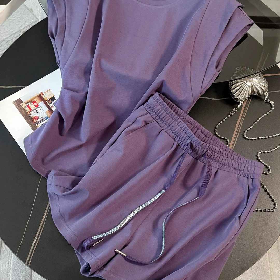 2025夏季新款女士紫色运动短袖套装小飞袖上衣休闲短裤时尚两件套