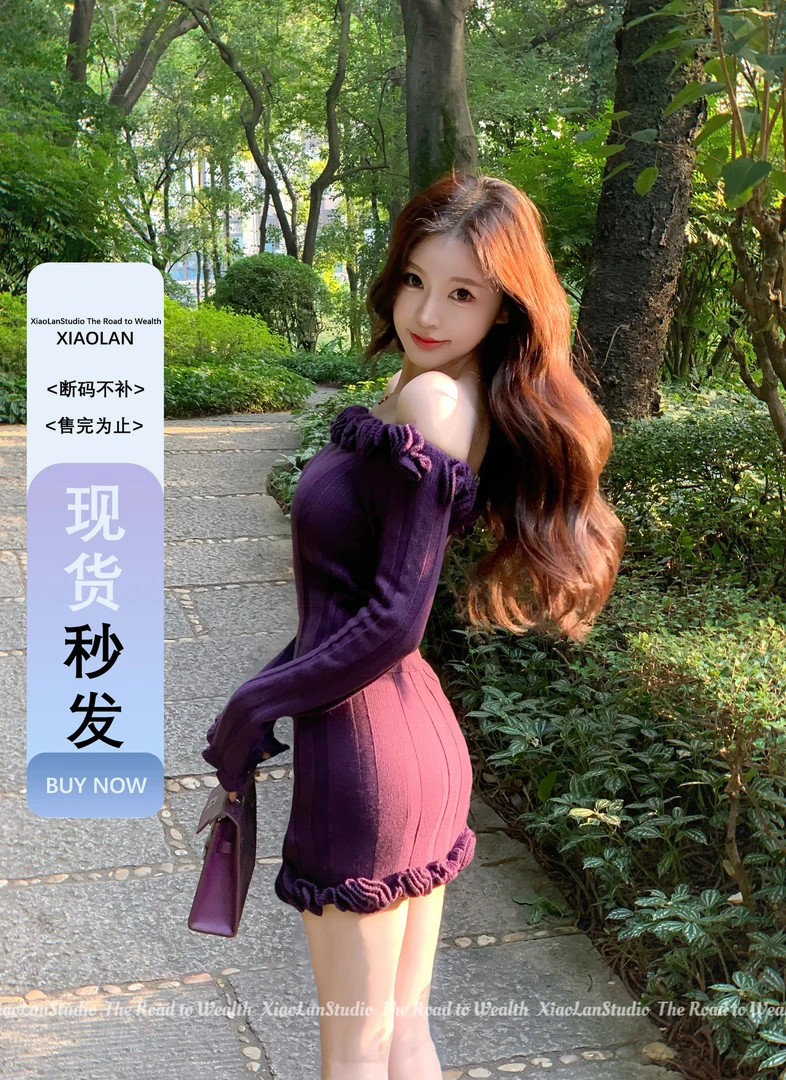 小岚同学「紫月星河」显瘦修身包臀性感长袖法式小众上衣半裙套装