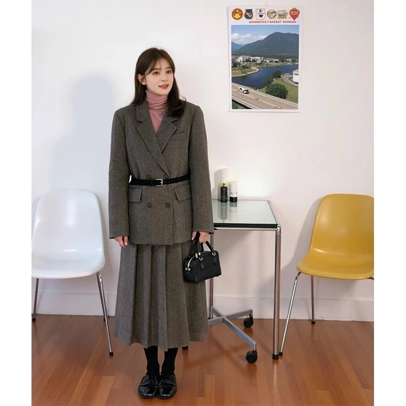 毛呢西装套装女2025秋新款韩版时尚简约宽松呢子外套百褶裙两件套