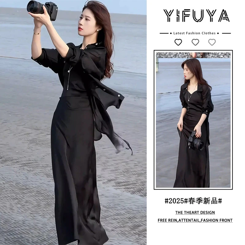 早春冰丝连衣裙女薄款开衫一整套夏装新款防晒衫气质吊带裙两件套