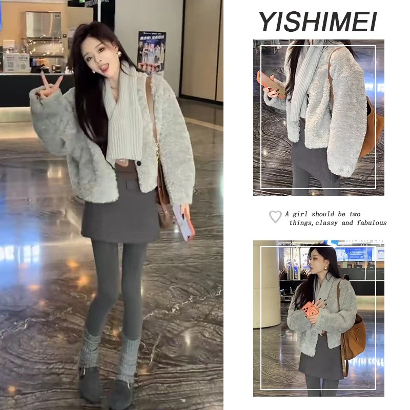 秋冬时尚穿搭2025年新款百搭圆领短款外套高腰a字短裙两件套