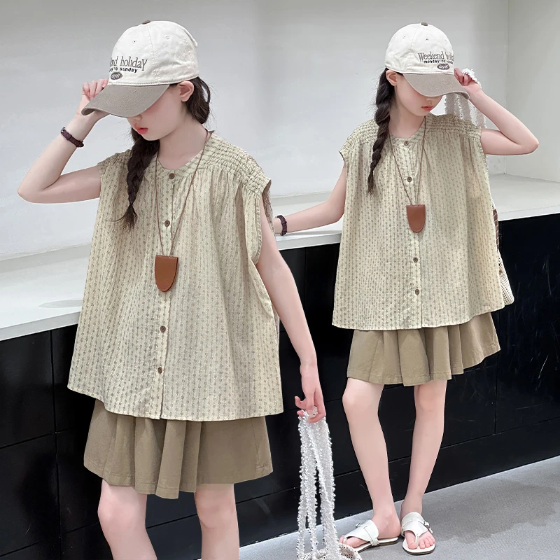 女童夏装套装2025新款儿童夏季洋气无袖衬衫中大童休闲短裙两件套